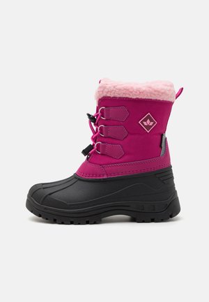 Fuchsia and black winter boot with a fluffy pink collar, rubber sole, and three lace loops. Features a logo on the side and textured upper.
