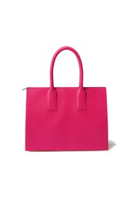 Pink leather handbag with a textured finish, rectangular shape, and two sturdy handles. Features a zip closure at the top.
