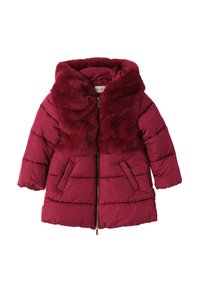 Bordowa kurtka puchowa z kołnierzem z futra syntetycznego, zapięciem na zamek błyskawiczny oraz dwoma bocznymi kieszeniami. Posiada pikowaną fakturę oraz kaptur.