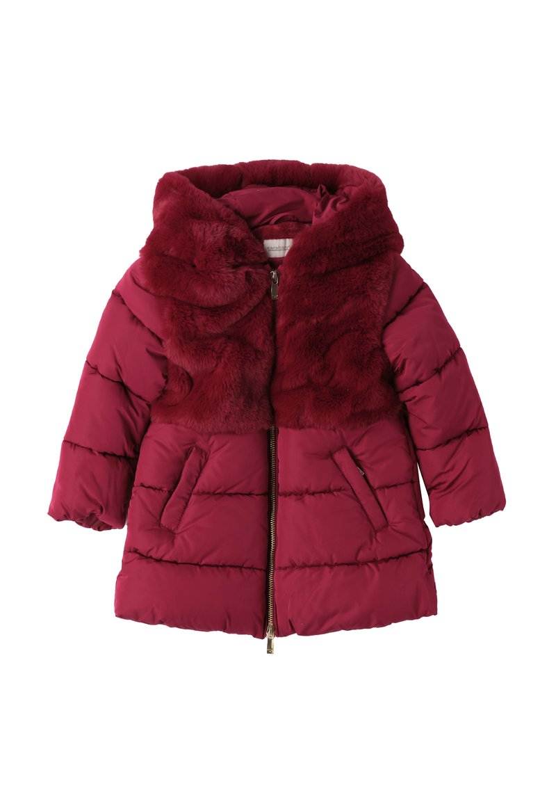 Bordowa kurtka puchowa z kołnierzem z futra syntetycznego, zapięciem na zamek błyskawiczny oraz dwoma bocznymi kieszeniami. Posiada pikowaną fakturę oraz kaptur.
