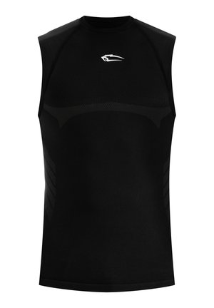 Maglietta sportiva nera senza maniche con un piccolo logo bianco centrato vicino al collo e dettagli sottili in rete sui lati e sul petto.