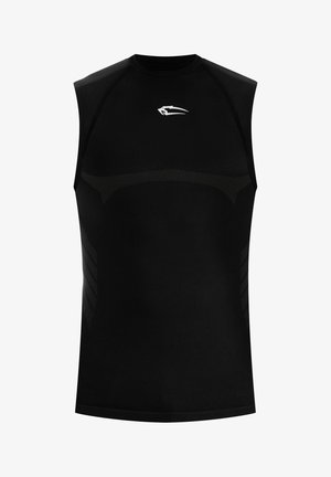 Maglietta sportiva nera senza maniche con un piccolo logo bianco centrato vicino al collo e dettagli sottili in rete sui lati e sul petto.