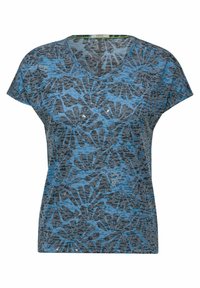 T-shirt blu a maniche corte con scollo a V, caratterizzato da un motivo floreale testurizzato in grigio scuro. Tessuto leggero con vestibilità rilassata.
