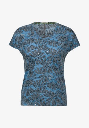 Kortærmet blå T-shirt med V-hals, der har et struktureret blomstermønster i mørkegrå. Letvægtsstof med en afslappet pasform.