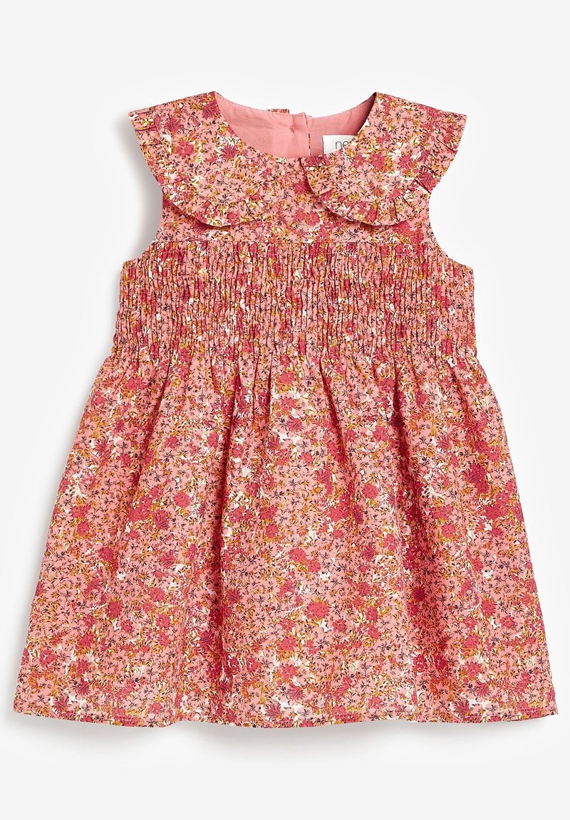 Abito floreale con base rosa, dotato di un corpetto arricciato, ampio colletto e modelli floreali multicolori. Tessuto morbido con gonna svasata.