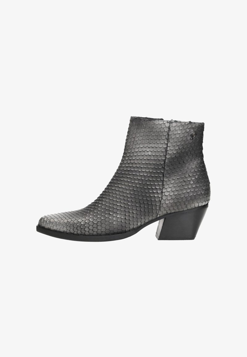 Damen Stiefelette mit niedrigem Blockabsatz, grauer, strukturiertem Obermaterial, spitzer Zehenform und seitlichem Reißverschluss.