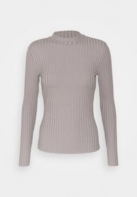 Langarm-Rippenoberteil in sanftem Grau mit hohem Stehkragen. Verfügt über subtile Textur und eine figurbetonte Silhouette für einen eleganten Look.