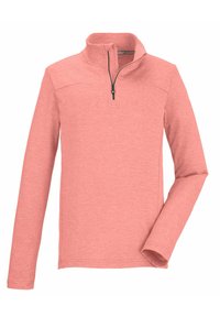 Langärmliger Pullover in hellem Korallenrot mit einem halben Reißverschlusskragen, gerippten Ärmelbündchen und weicher Textur, entworfen für Komfort und Wärme.