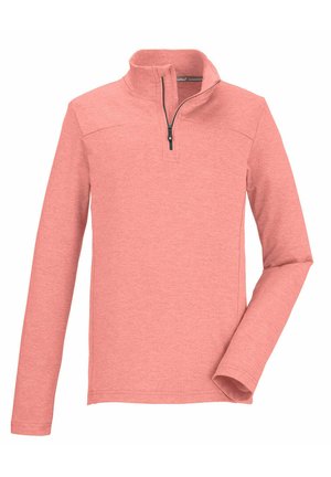 Langärmliger Pullover in hellem Korallenrot mit einem halben Reißverschlusskragen, gerippten Ärmelbündchen und weicher Textur, entworfen für Komfort und Wärme.