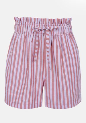 Ροζ και λευκά σορτς με κάθετες ρίγες, με ελαστική μέση με σούρες και κορδόνι δεμένο μπροστά.