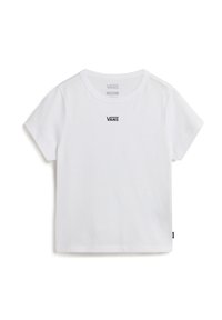 Witte katoenen T-shirt met korte mouwen, voorzien van een klein zwart Vans-logo in het midden van de borst en een label aan de onderzijde aan de linkerkant.