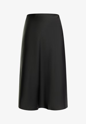 Melnā, līdz ceļiem garā svārka, izgatavota no gludas, krītošas auduma ar vienkāršu, A formas dizainu un tīru, neizrotātu apakšmalu.