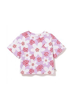 Krótka lawendowa bluzka typu crop top z dużymi białymi kwiatami i skupiskami małych czerwonych kropek na całym wzorze.