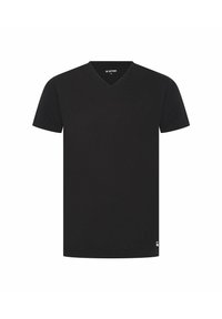 Schwarzes Kurzarm-V-Ausschnitt-T-Shirt mit kleinem Logotag am unteren Saum, Größe M.