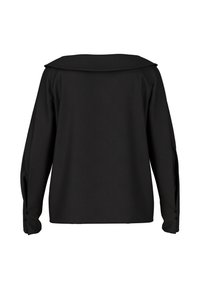 Schwarzeres Langarmshirt mit einem breiten, flachen Kragen und geknöpften Manschetten, von hinten vor einem weißen Hintergrund gezeigt.