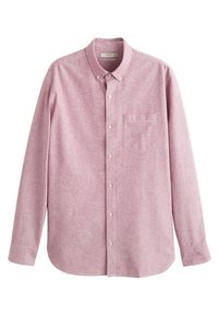 Camicia rosa chiaro con bottoni, realizzata in tessuto con una texture sottile, dotata di una tasca sul petto e maniche lunghe con polsini abbottonati.
