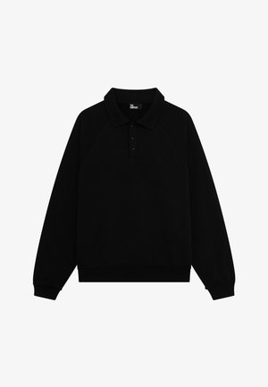 Black long-sleeve polo sweatshirt with three buttons, ribbed cuffs, and a small embroidered logo on the chest.