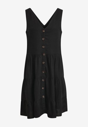 Black sleeveless V-neck dress with front button closure and tiered skirt, made from lightweight fabric.