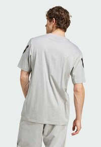 Šedé tričko s krátkým rukávem z bavlněné směsi, s kulatým výstřihem a černými akcenty na ramenou. Hladký materiál s volným střihem.