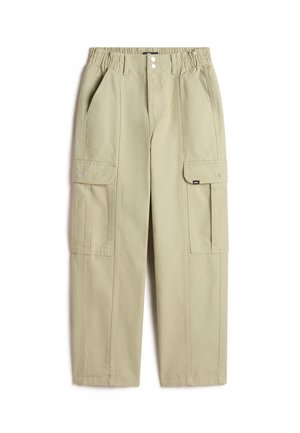 Pantalons cargo en vert olive clair, dotés d'une taille élastique, de deux poches latérales et de deux grandes poches cargo avec des rabats plats.