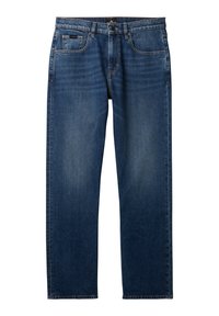 Tmavě modré džíny z denimu s přímým střihem, s klasickým pěti-kapsovým uspořádáním a zapínáním na knoflík. Hladká textura s jemným vyblednutím.
