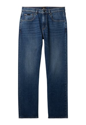 Dark blue denim jeans with a straight leg design, featuring a classic five-pocket layout and a button closure. Smooth texture with subtle fading.