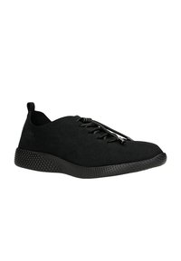 Sneaker in suede nero con una forma liscia e arrotondata, caratterizzato da un design con lacci e una suola in gomma nera, texturizzata. Nessun logo o accentuazione visibile.