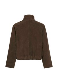 Veste en daim marron avec manches longues, col montant et ourlet élastiqué, vue de dos sur fond blanc.