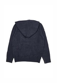 Felpa con cappuccio blu navy, con polsini e orlo a costine, texture liscia e tasca a marsupio sul davanti. La vista dal retro mostra i dettagli del cappuccio.