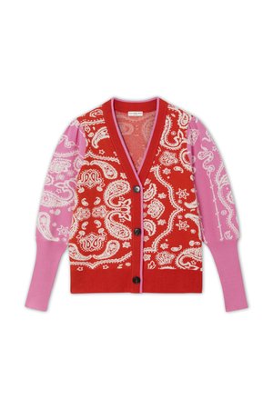Cárdigan de punto rojo y rosa con un patrón paisley, puños acanalados y escote en V con botones negros.