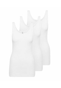 Three plain white sleeveless tank tops, displayed overlapping, front view on a white background.