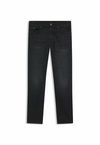 Jeans in denim nero con taglio dritto, dotati di un classico design a cinque tasche, chiusura con zip e dettagli di cucitura discreti.