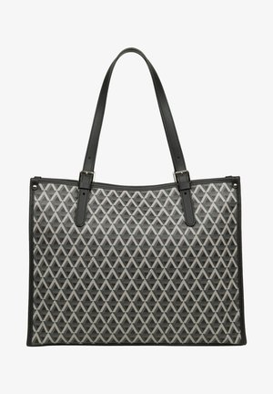 Sac tote noir avec un motif de triangles géométriques gris, matériau lisse, et deux poignées robustes avec quincaillerie en métal.