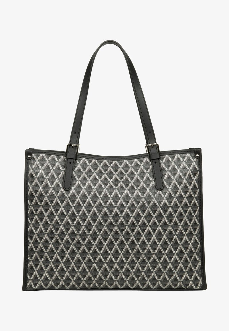 Sac tote noir avec un motif de triangles géométriques gris, matériau lisse, et deux poignées robustes avec quincaillerie en métal.