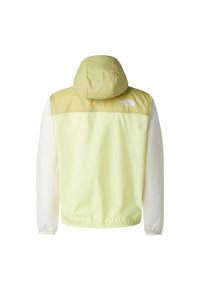 Lysegul jakke med hætte, der har en mørkere gul øvre sektion og hvide ærmer, lavet af et glat, let materiale.