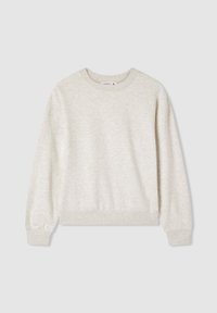 Maglione grigio chiaro realizzato in tessuto morbido, con collo a giro e maniche lunghe, e polsini e orlo a coste. Texture liscia con un design minimale.