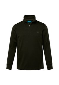 Mörkgrön tröja med fjärdedelsdragkedja och långa ärmar. Tillverkad av ett strukturerat tyg med subtila horisontella ränder och en liten logotyp på bröstet.