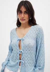 Lichtblauwe gehaakte blouse met een v-hals, striksluiting aan de voorkant en lange mouwen met een textuurpatroon en een open breiselontwerp.