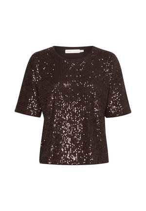 Haut marron à manches courtes recouvert de sequins scintillants, avec un col rond et un tissu texturé. Des motifs brillants alternés sont visibles.