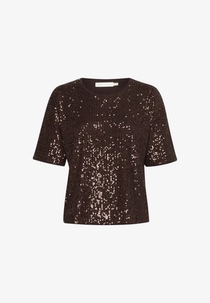 Haut marron à manches courtes recouvert de sequins scintillants, avec un col rond et un tissu texturé. Des motifs brillants alternés sont visibles.