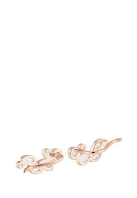 Roséguldfärgade örhängen med en blomsterdesign, som har mjuka kurvor, en glänsande yta och klara stenar som detaljer.