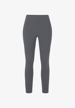 Gray high-waisted leggings with a smooth, stretchy fabric. Form-fitting design, ankle-length, no visible patterns or hardware details.