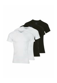 Ensemble de quatre t-shirts à col rond en noir et blanc. Manches courtes, en coton lisse, avec une coupe classique sans motifs ni accents.