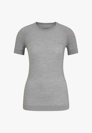 Hellgraues Sportshirt mit kurzen Ärmeln, atmungsaktiver Textur und gemustertem Mesh-Detail. FALKE-Logo auf der Vorderseite. Rundhalsausschnitt.
