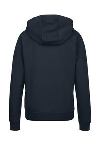 Dunkelblaue Kapuzenjacke, weicher Stoff, lange Ärmel, Kängurutasche, gerippte Bündchen und Saum, glatte Textur, einfarbiges Rückendesign.