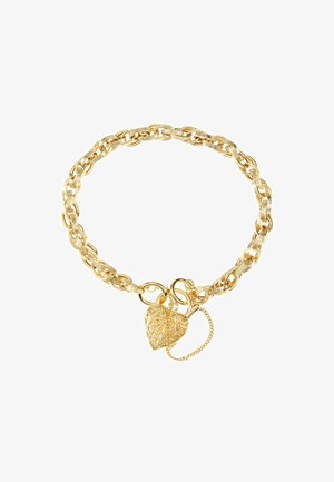 Gold chain bracelet featuring interlocking links with a heart-shaped charm, intricately designed with cutout patterns and a delicate chain accent.