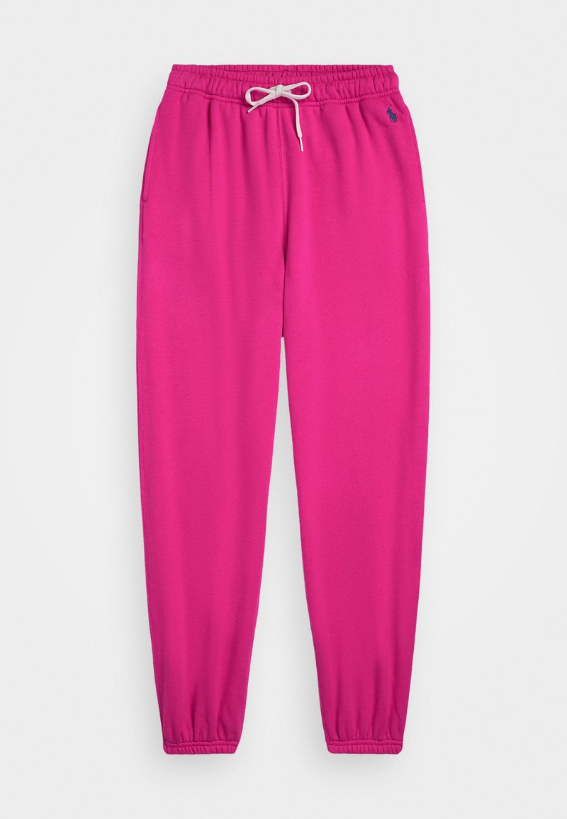 Fuchsia joggebukser med elastisk midje, snøring, sidelommer og ribbede mansjetter. Laget av myk, stretchy stoff.