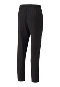 Schwarze Sporthosen mit einem elastischen Bund, tapered Fit, glatter Textur und einer Seitentasche mit reflektierenden Details.