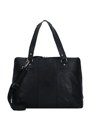 Sort lædertaske med to håndtag og en justerbar skulderrem. Har en tekstureret overflade og lynlås i toppen.