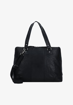 Sac cabas en cuir noir avec double poignée et bandoulière réglable. Il présente une surface texturée et une fermeture zippée sur le dessus.